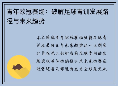 青年欧冠赛场：破解足球青训发展路径与未来趋势